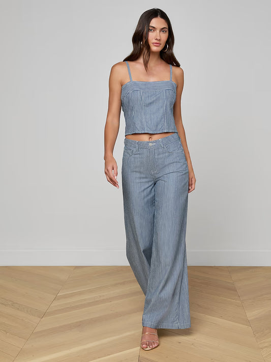Amara Wide-Leg Pant Azure Blue Stripe - L'AGENCE