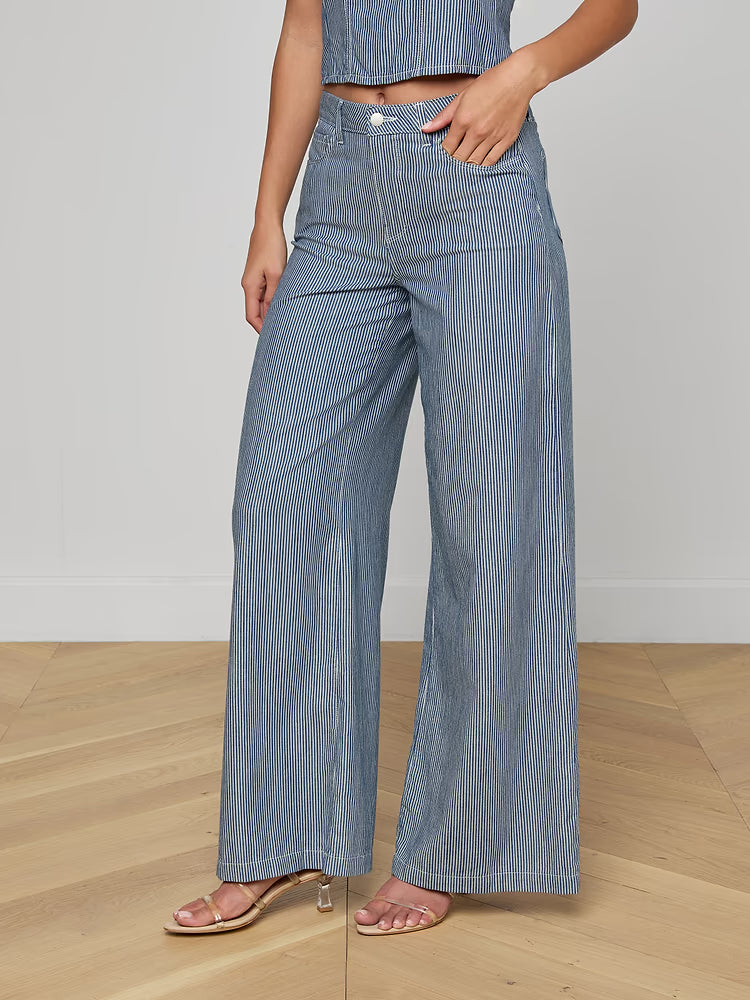 Amara Wide-Leg Pant Azure Blue Stripe - L'AGENCE