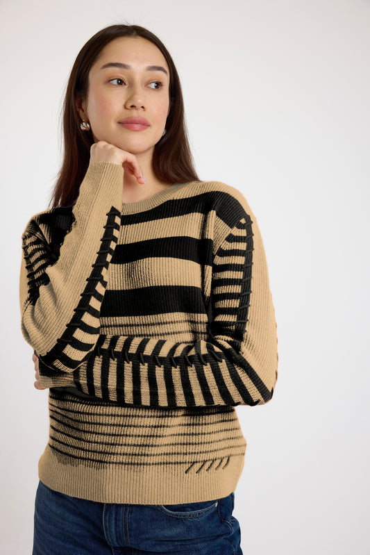 Mix Stripe Crew Neck Jumper Soft Camel/Black - Brodie Cashmere