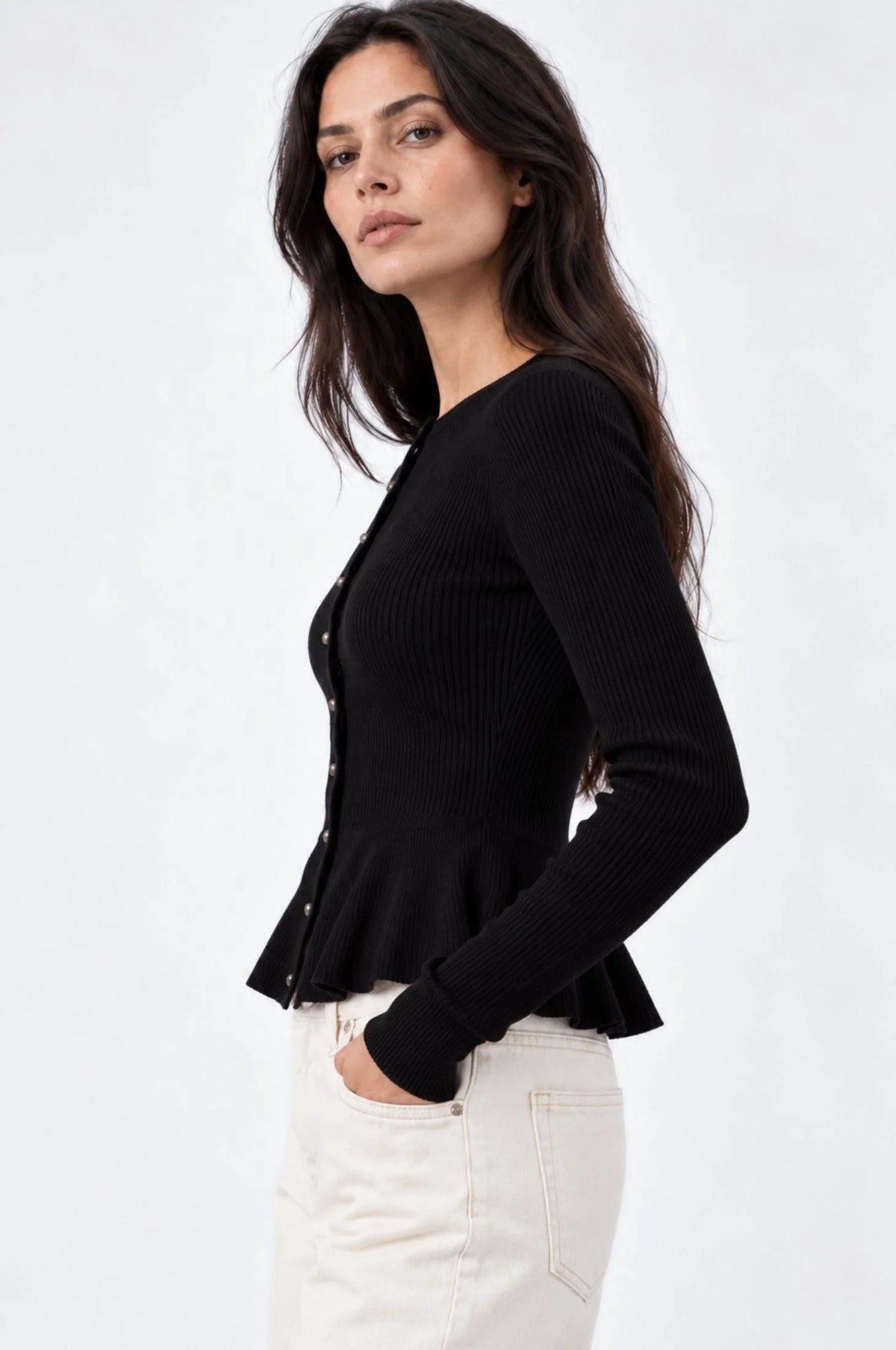 Ribbed Peplum Cardigan Black - Minnie Rose