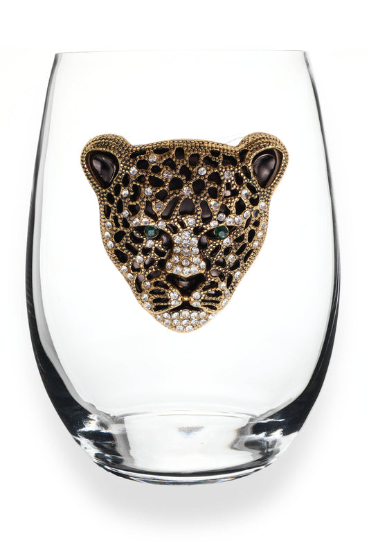 Gold/Black Leopard Jeweled Stemless Wine Glass - The Queens' Jewels