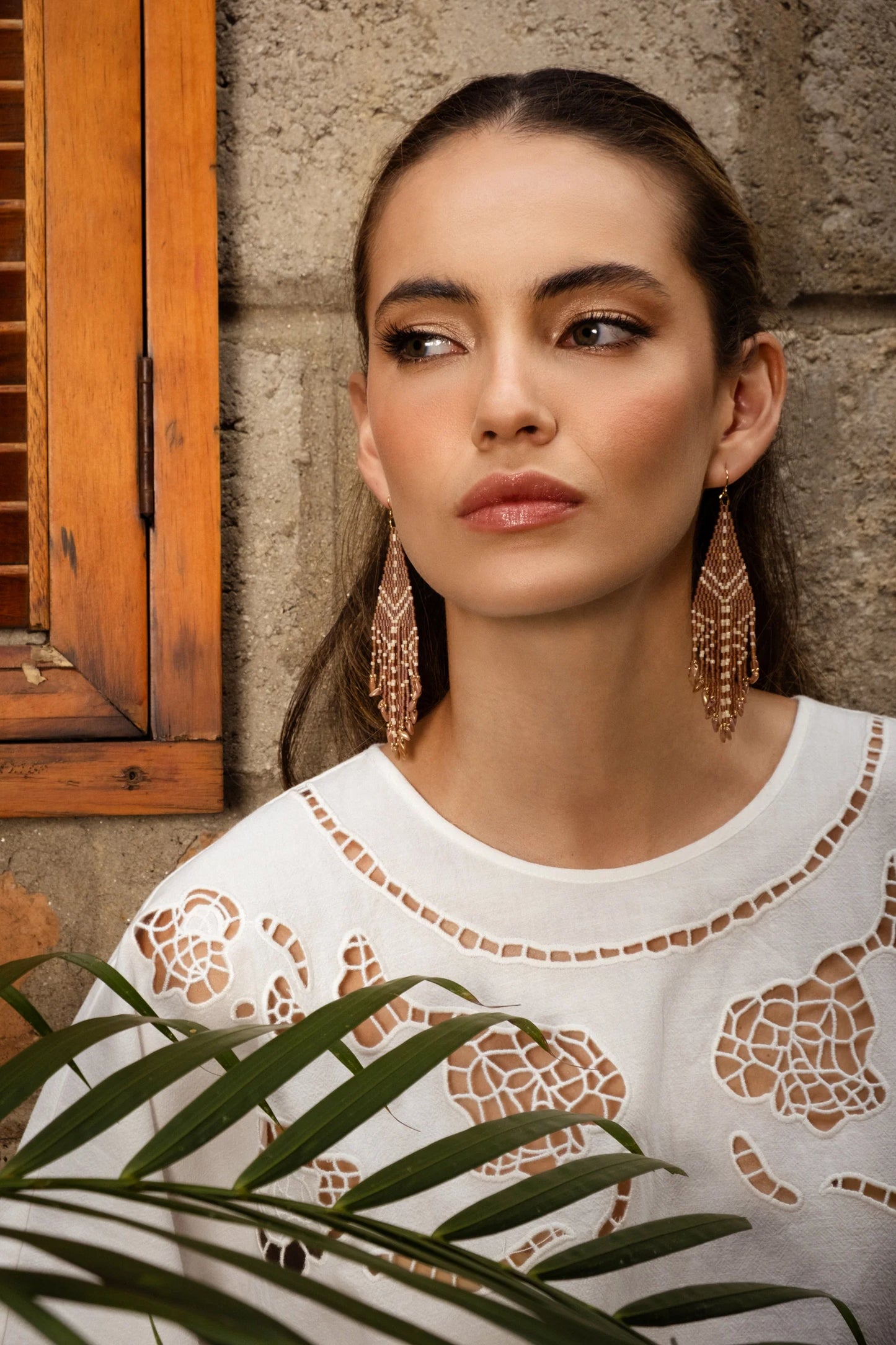 Beaded Handwoven Taos Fringe Earrings Light Brown - Mayana Designs
