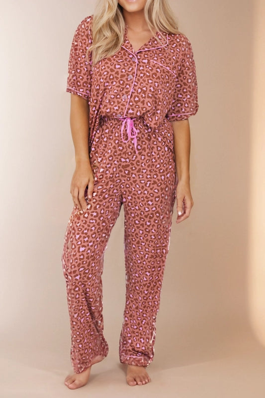 Leopard Print Short Sleeve And Pants Pajama Set Pink - Jackie Z Style Co.