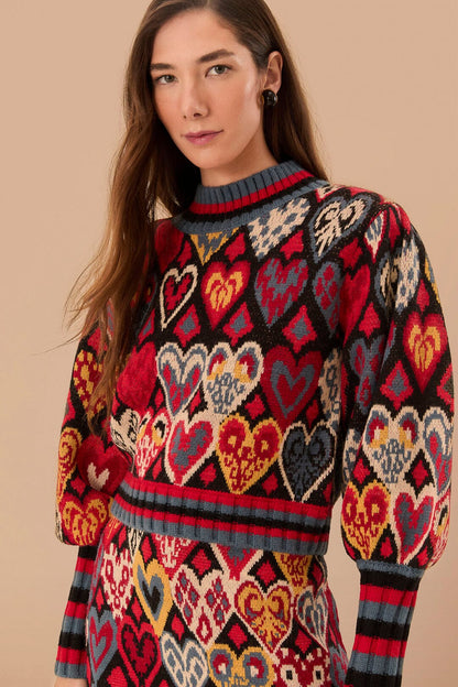 Hearts Ikat Knit Sweater Black - Farm Rio