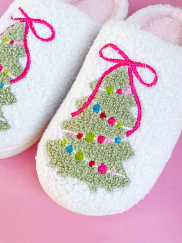Pink Bow Christmas Tree Slippers - Rock Paper Scissors
