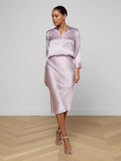 Perin Silk Midi Skirt Icy Lilac - L'AGENCE