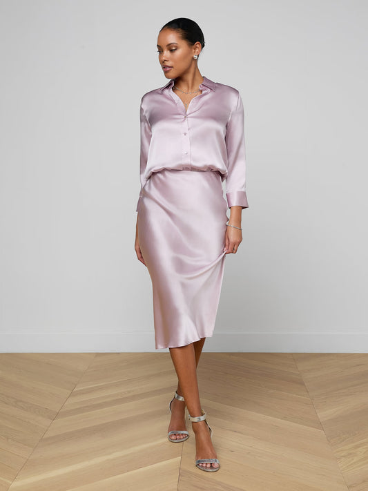 Perin Silk Midi Skirt Icy Lilac - L'AGENCE