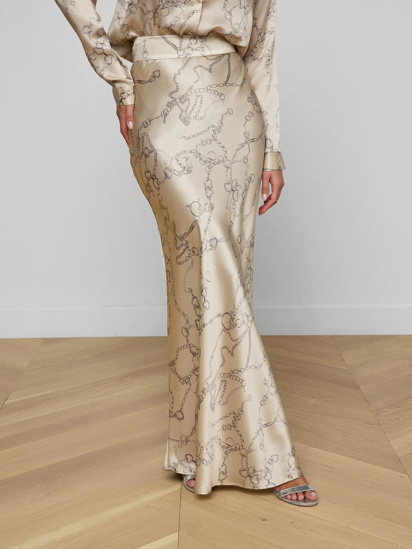 Ryker Silk Maxi Skirt Soft Macadamia Multi Small Horsebit Chain - L'AGENCE