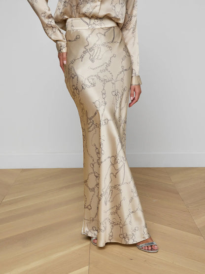 Ryker Silk Maxi Skirt Soft Macadamia Multi Small Horsebit Chain - L'AGENCE