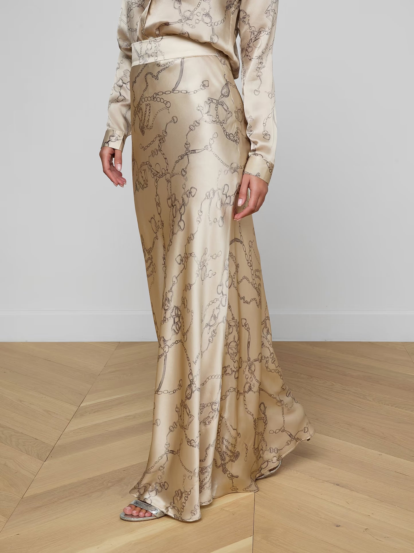 Ryker Silk Maxi Skirt Soft Macadamia Multi Small Horsebit Chain - L'AGENCE