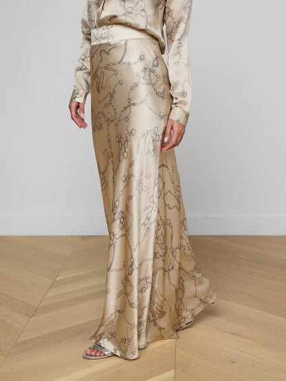 Ryker Silk Maxi Skirt Soft Macadamia Multi Small Horsebit Chain - L'AGENCE
