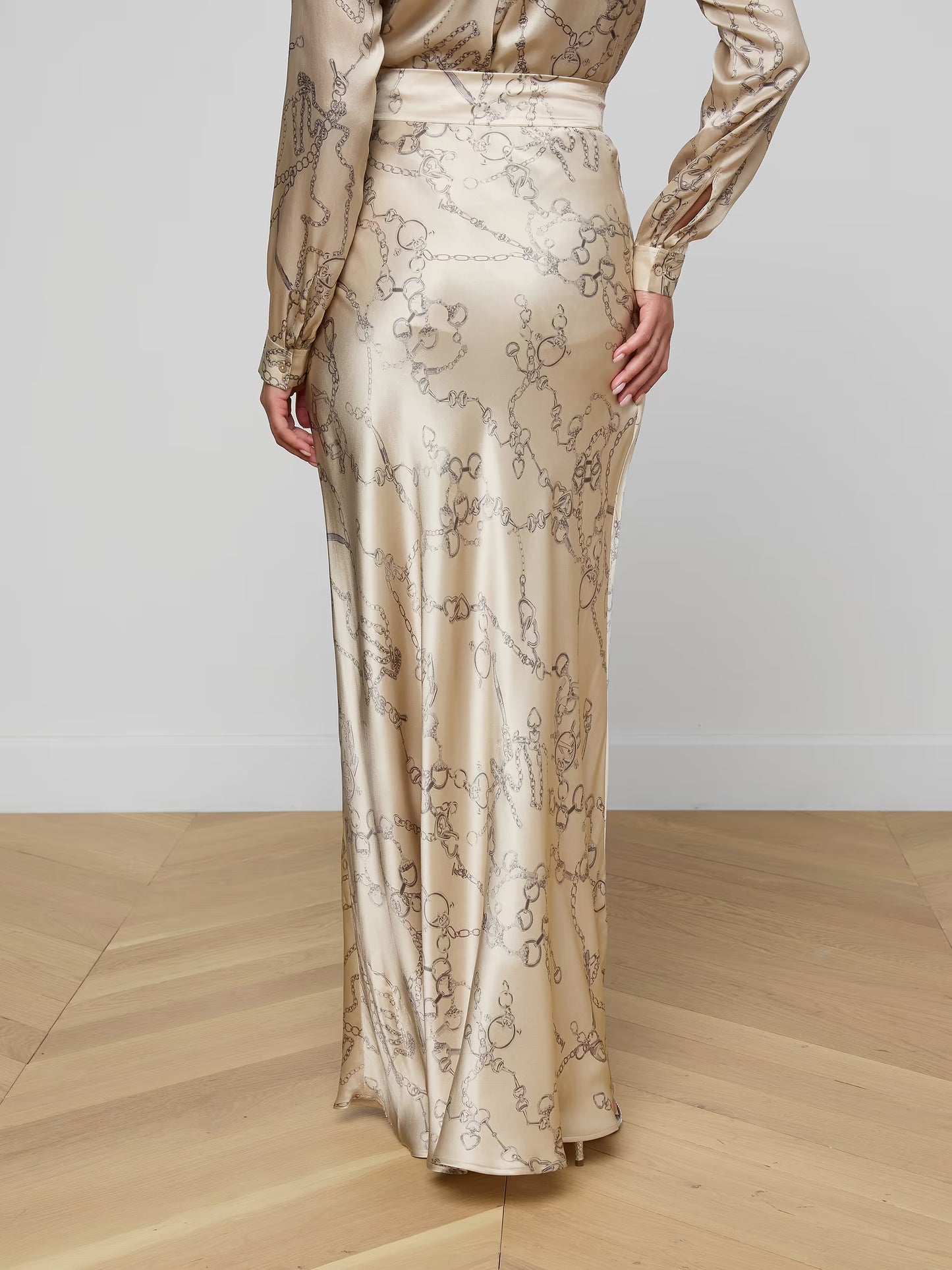 Ryker Silk Maxi Skirt Soft Macadamia Multi Small Horsebit Chain - L'AGENCE