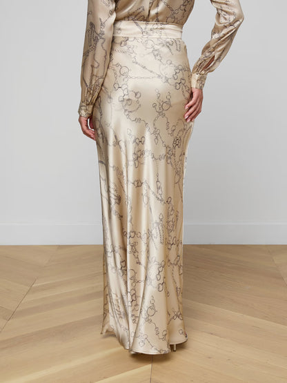 Ryker Silk Maxi Skirt Soft Macadamia Multi Small Horsebit Chain - L'AGENCE