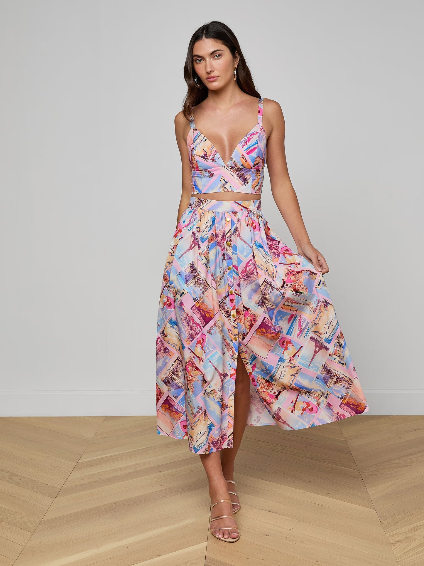 Seina Poplin Midi Skirt Light Pink Multi Small Postcard Print - L'AGENCE