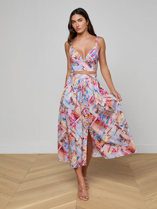 Seina Poplin Midi Skirt Light Pink Multi Small Postcard Print - L'AGENCE