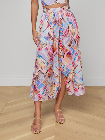 Seina Poplin Midi Skirt Light Pink Multi Small Postcard Print - L'AGENCE