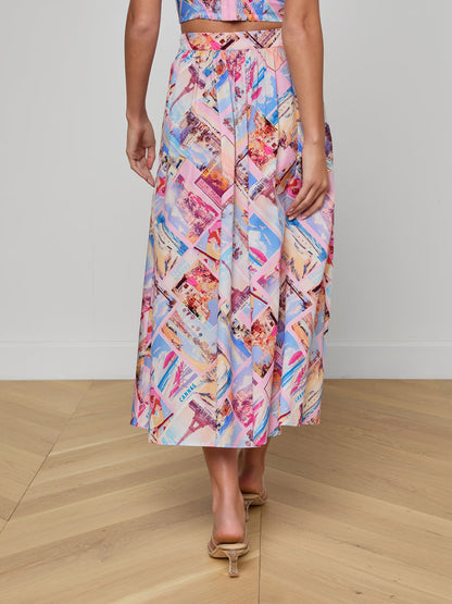 Seina Poplin Midi Skirt Light Pink Multi Small Postcard Print - L'AGENCE