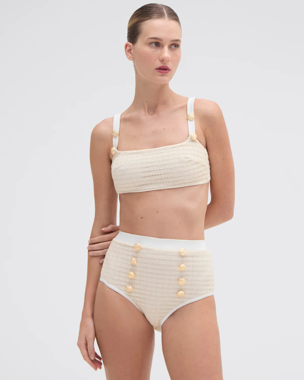 Metallic High Waist Bikini Bottom Off White - PatBo