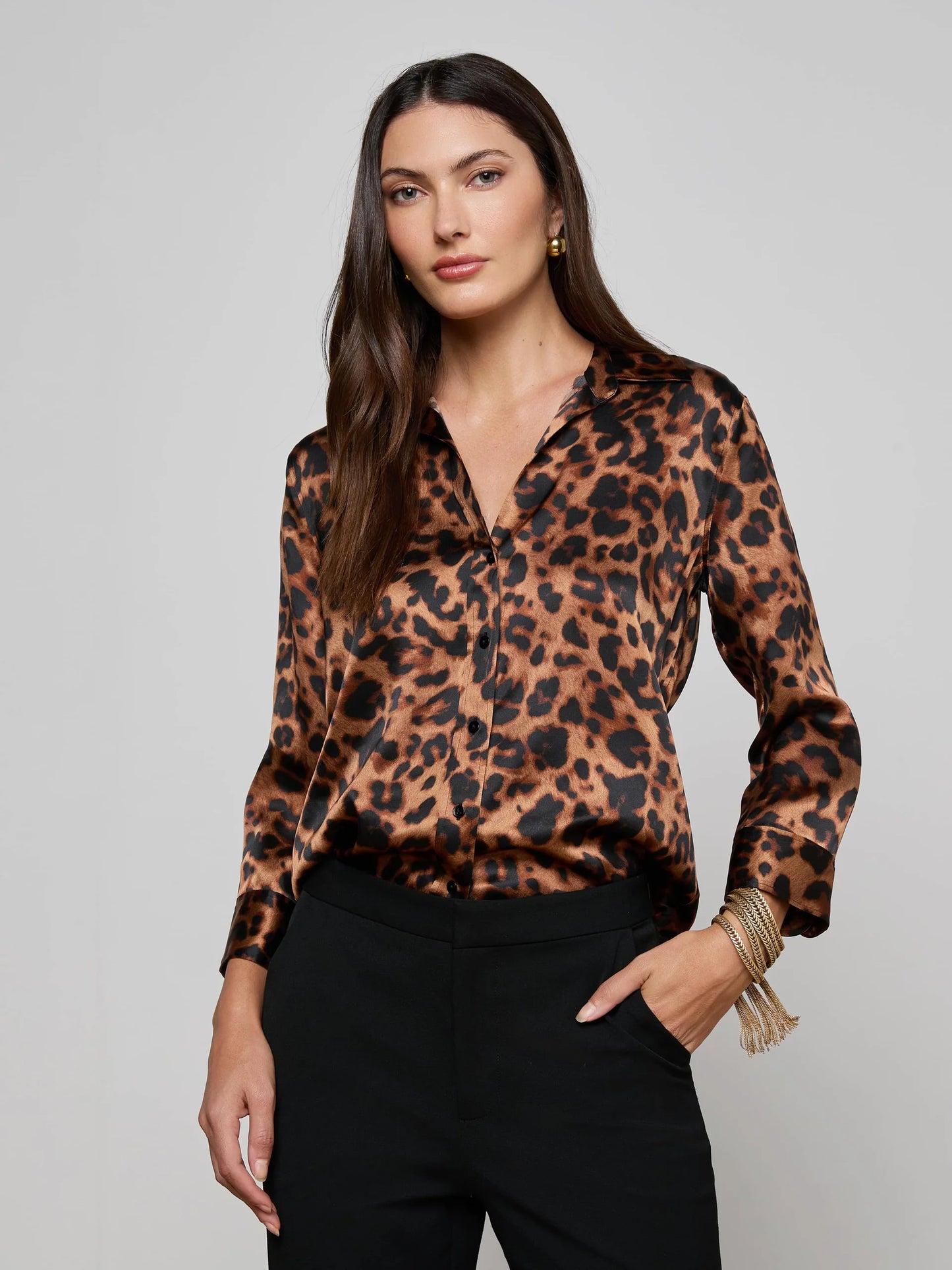 Dani Silk Blouse Brown Multi Amur Leopard - L'AGENCE