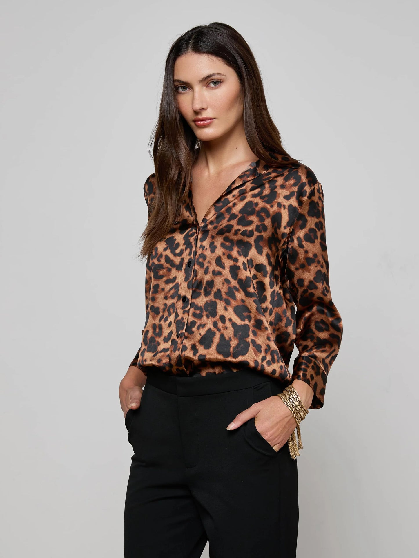 Dani Silk Blouse Brown Multi Amur Leopard - L'AGENCE