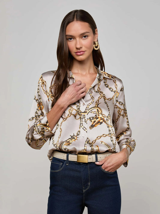 Dani Silk Blouse Smoke Grey/Gold Long Horn Chain - L'AGENCE