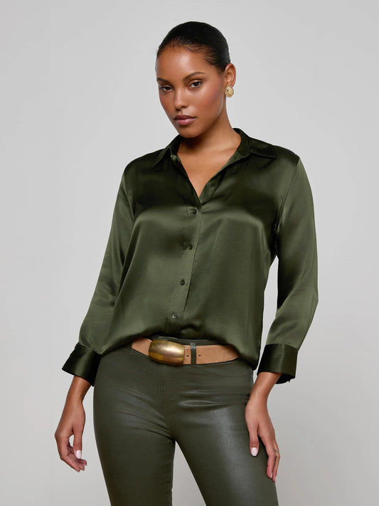Dani Silk Blouse Deep Olive - L'AGENCE