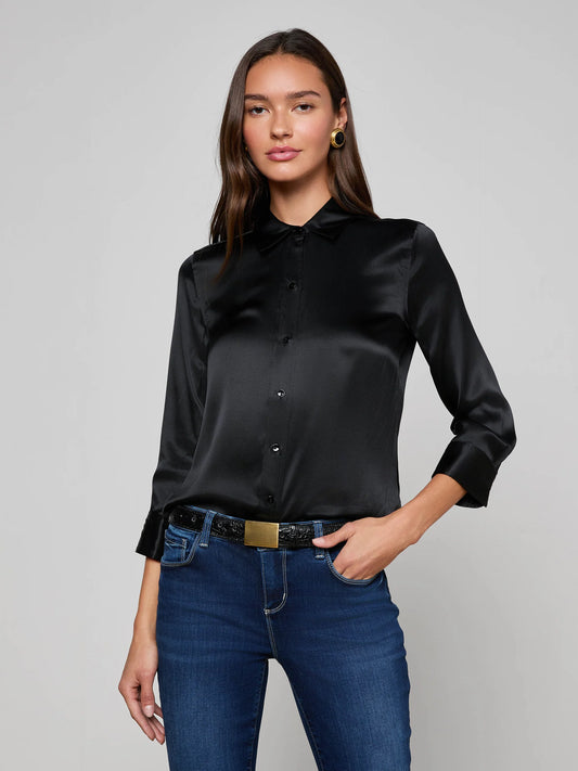 Dani Silk Blouse Black Button - L'AGENCE