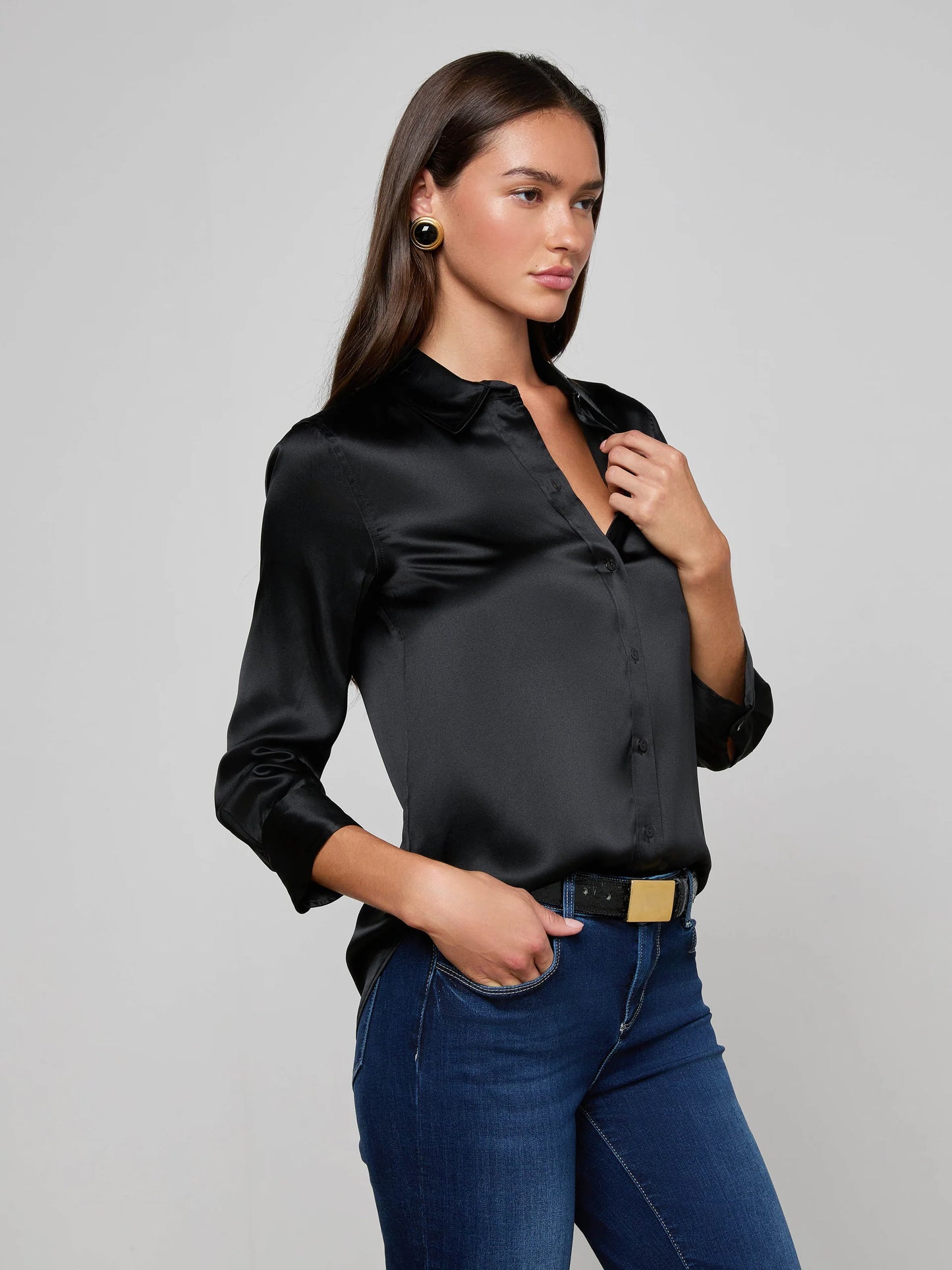 Dani Silk Blouse Black Button - L'AGENCE