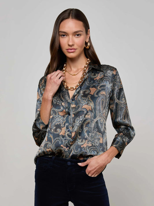 Dani Silk Blouse Midnight Multi Etched Paisley -L'AGENCE