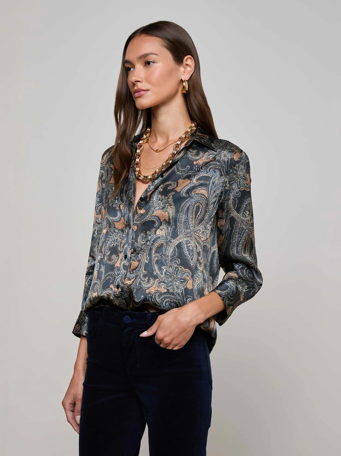 Dani Silk Blouse Midnight Multi Etched Paisley -L'AGENCE