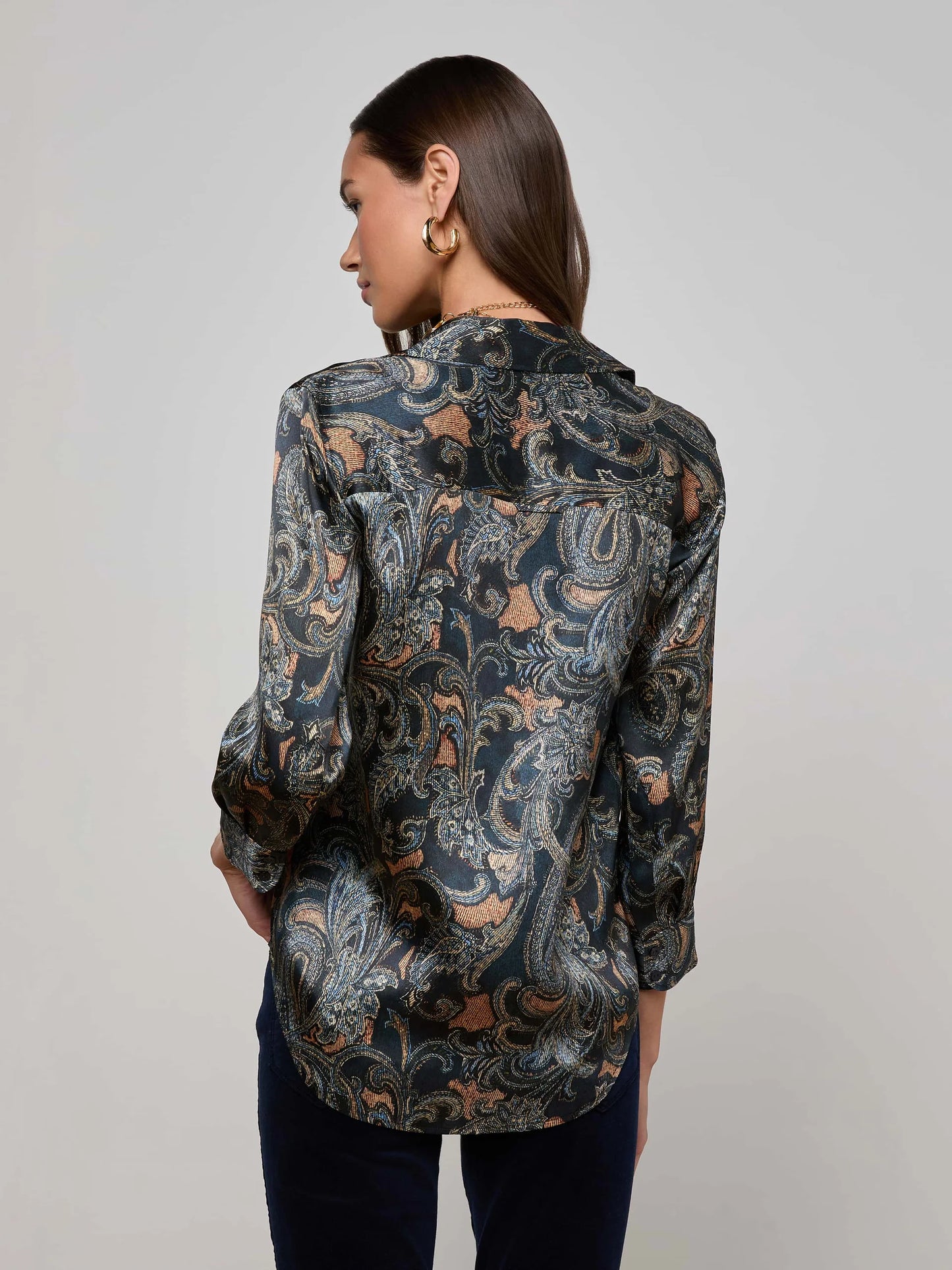 Dani Silk Blouse Midnight Multi Etched Paisley -L'AGENCE