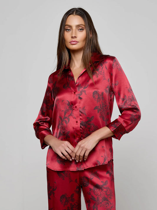 Dani Silk Blouse Burgundy Painterly Floral - L'AGENCE