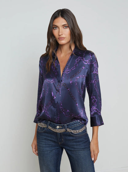 Dani Silk Blouse Midnight/Purple Sketch Chain - L'AGENCE