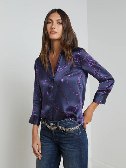 Dani Silk Blouse Midnight/Purple Sketch Chain - L'AGENCE