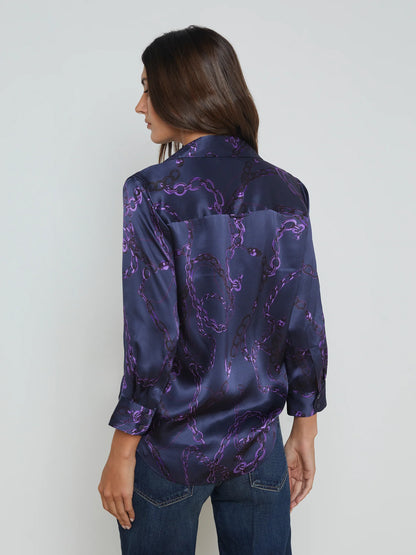 Dani Silk Blouse Midnight/Purple Sketch Chain - L'AGENCE