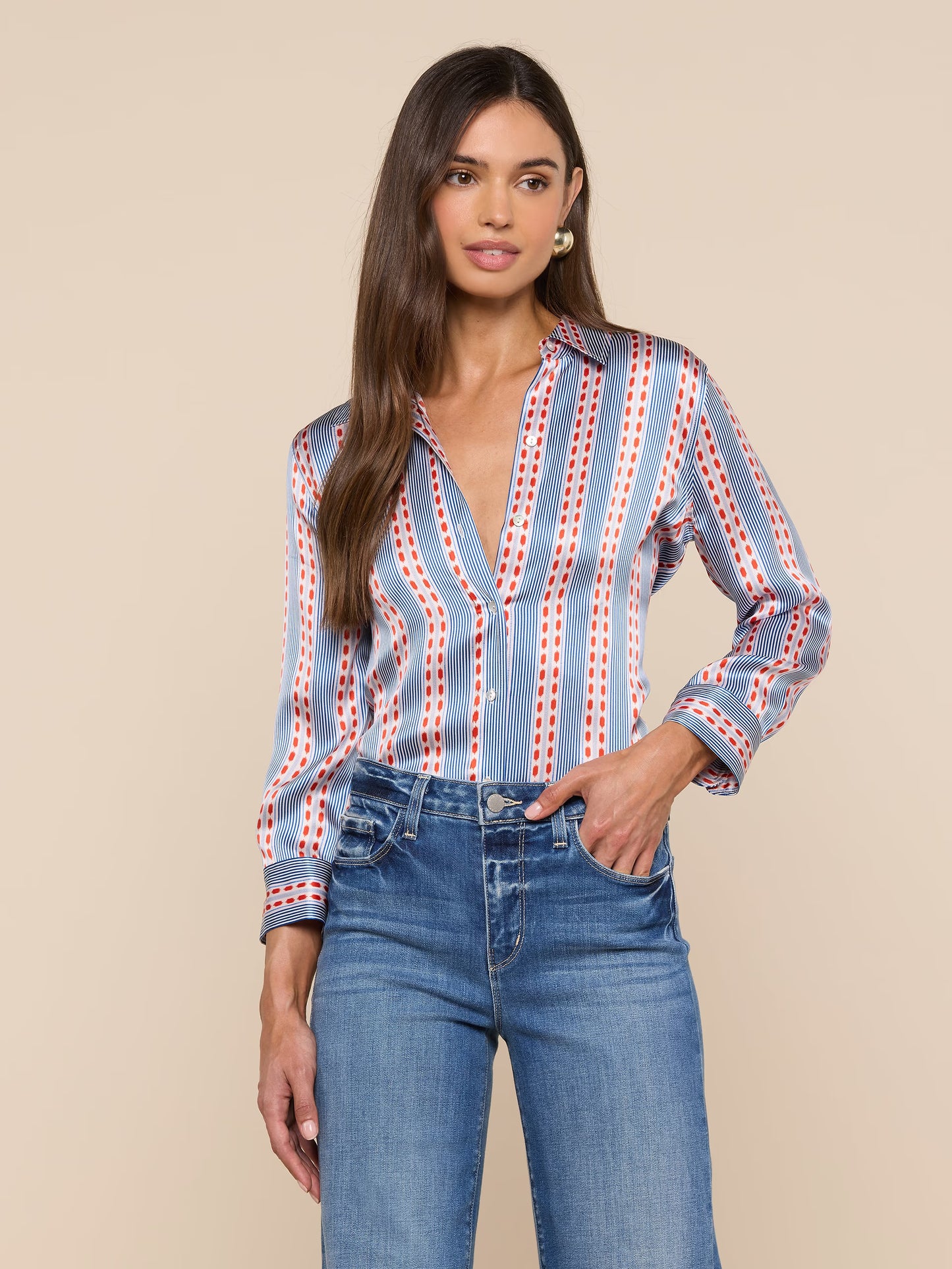 Dani Silk Blouse Blue/Red Textured Stripe Print - L'AGENCE