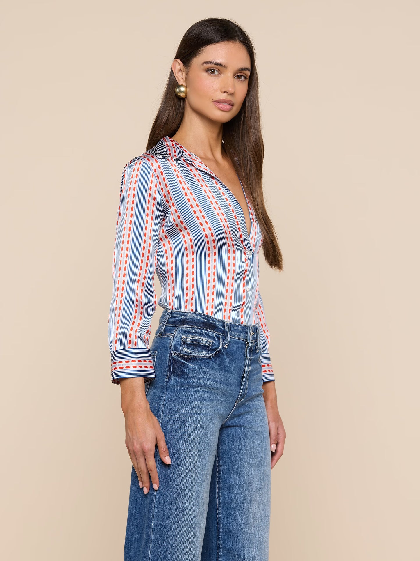 Dani Silk Blouse Blue/Red Textured Stripe Print - L'AGENCE