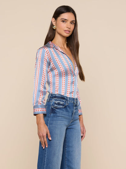 Dani Silk Blouse Blue/Red Textured Stripe Print - L'AGENCE