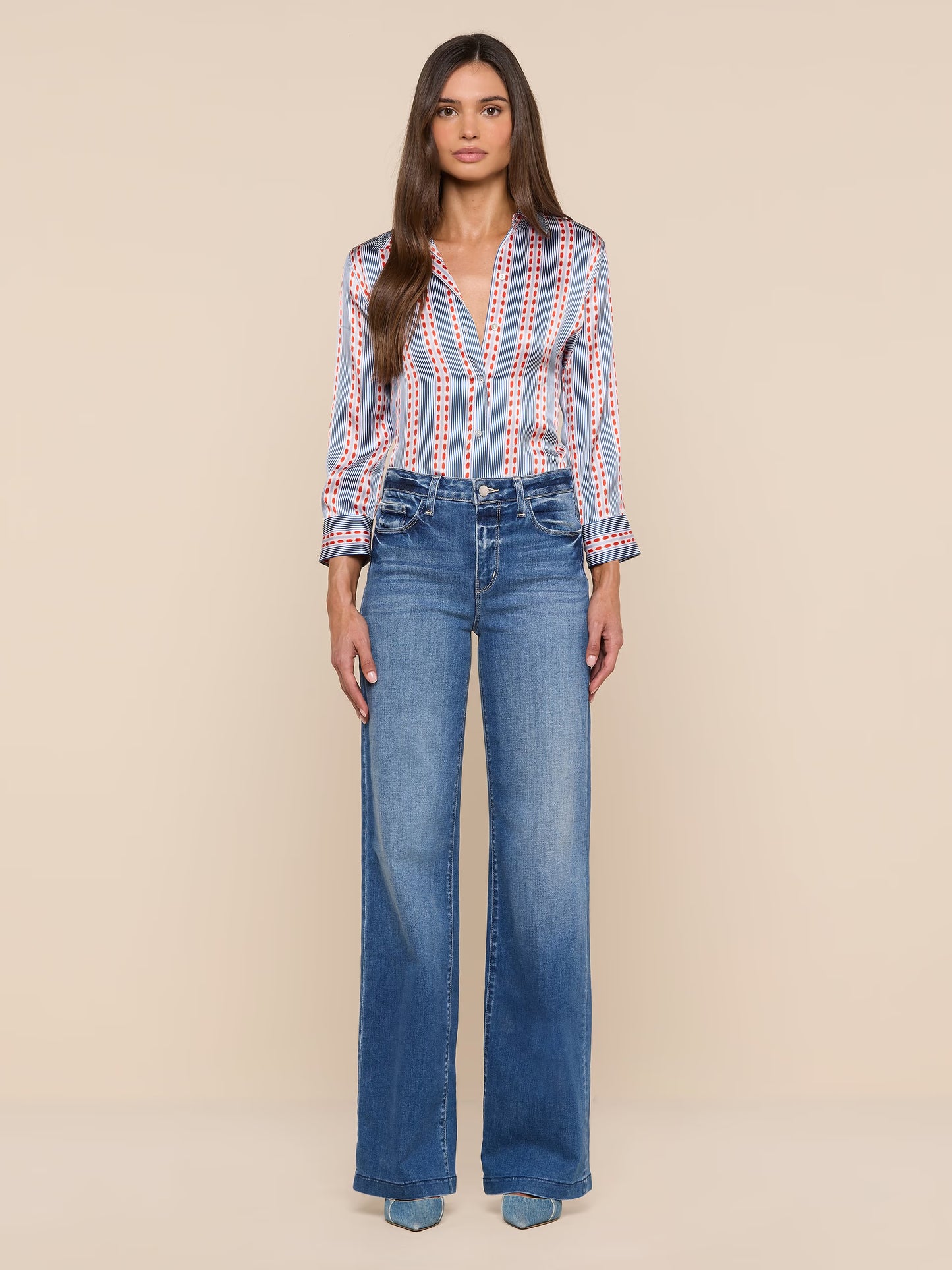 Dani Silk Blouse Blue/Red Textured Stripe Print - L'AGENCE