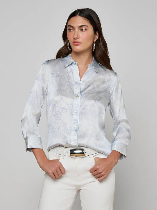 Dani Silk Blouse Ivory/Pale Mist Blue Lace Print - L'AGENCE