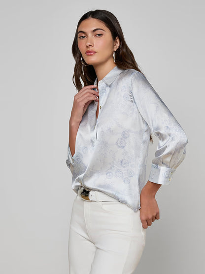 Dani Silk Blouse Ivory/Pale Mist Blue Lace Print - L'AGENCE