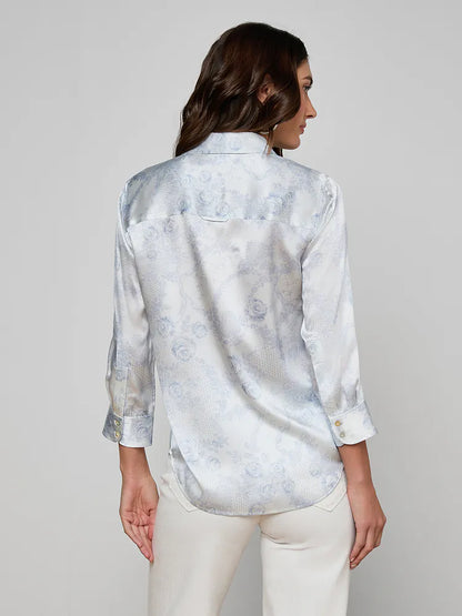 Dani Silk Blouse Ivory/Pale Mist Blue Lace Print - L'AGENCE