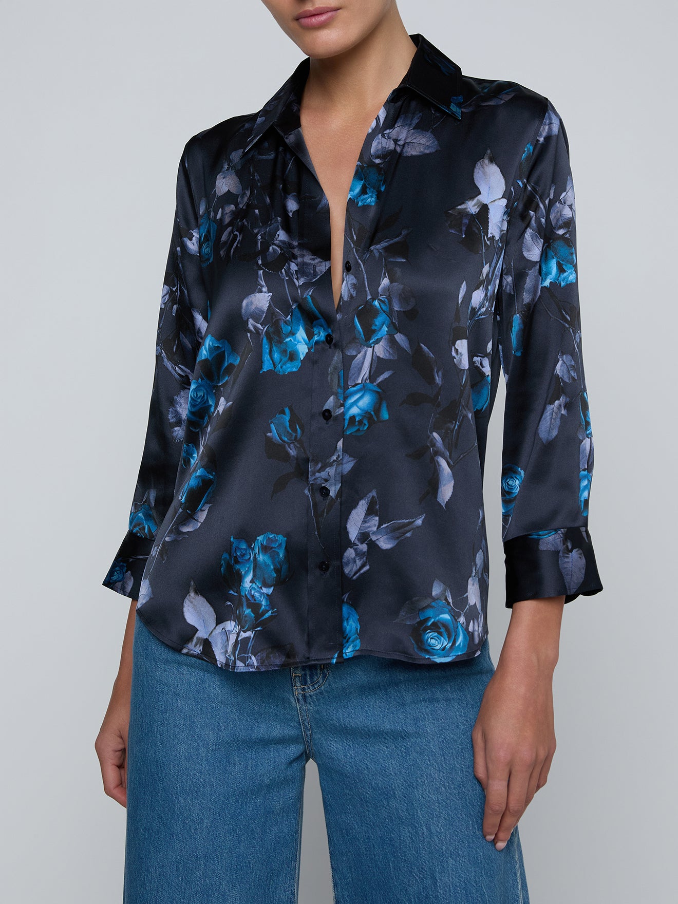 Dani Silk Blouse Midnight Multi Moon Floral - L'AGENCE