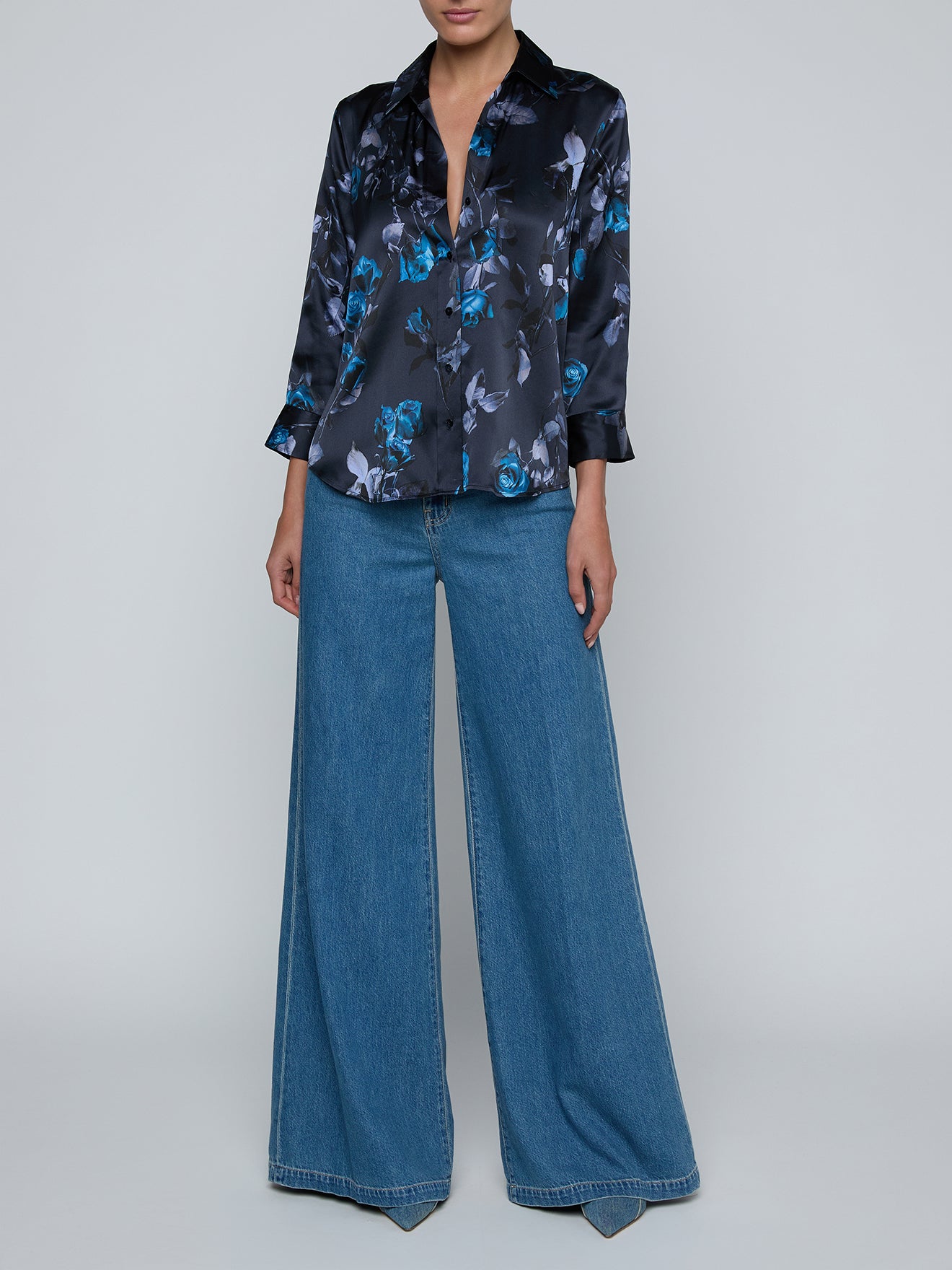 Dani Silk Blouse Midnight Multi Moon Floral - L'AGENCE