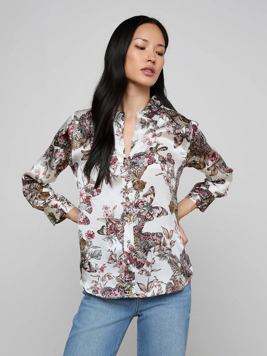 Dani Silk Blouse White Multi Small Butterfly Jungle - L'AGENCE