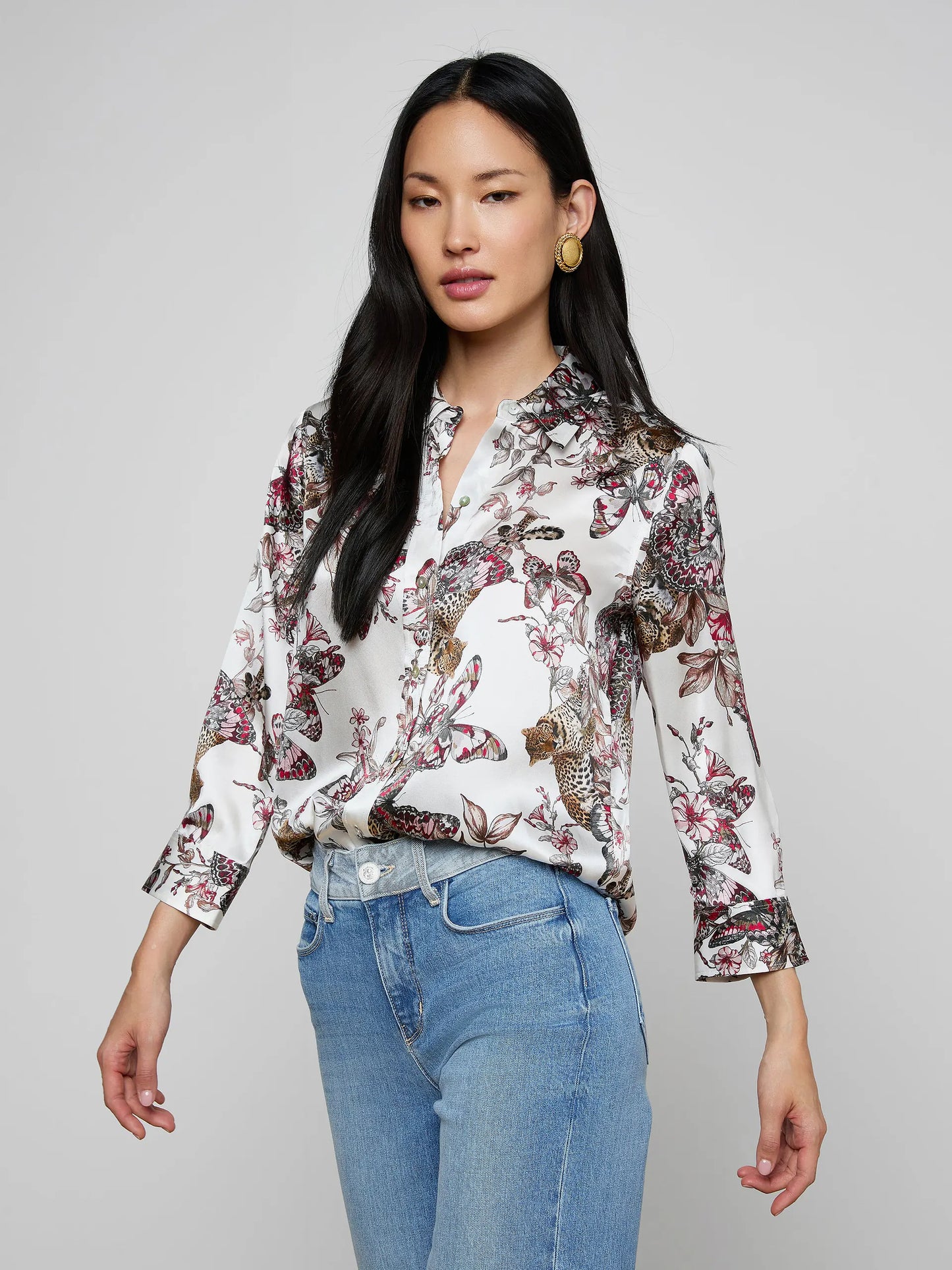 Dani Silk Blouse White Multi Small Butterfly Jungle - L'AGENCE