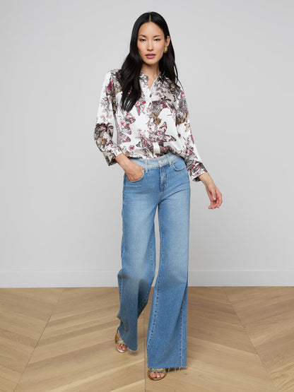 Dani Silk Blouse White Multi Small Butterfly Jungle - L'AGENCE