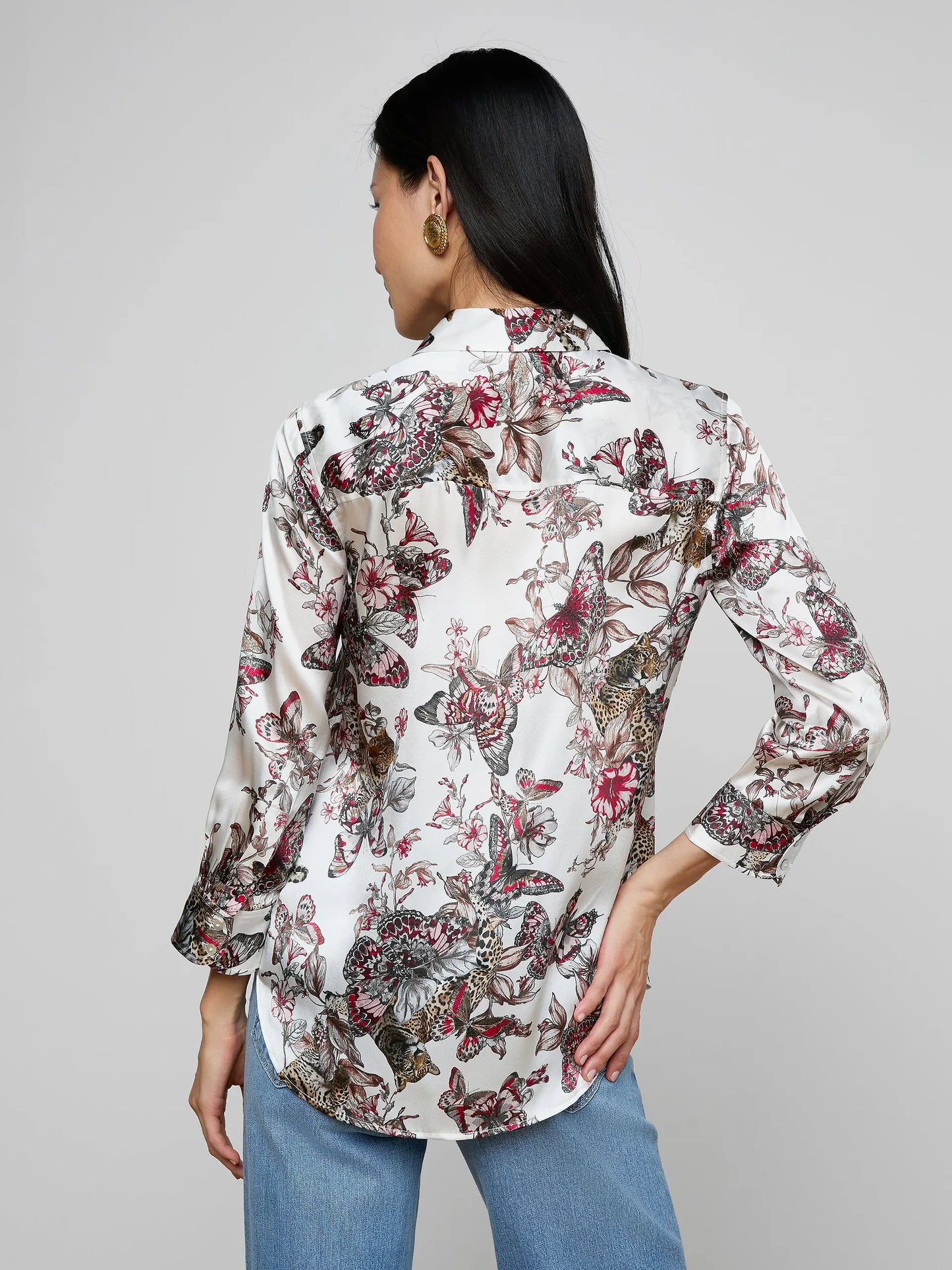 Dani Silk Blouse White Multi Small Butterfly Jungle - L'AGENCE