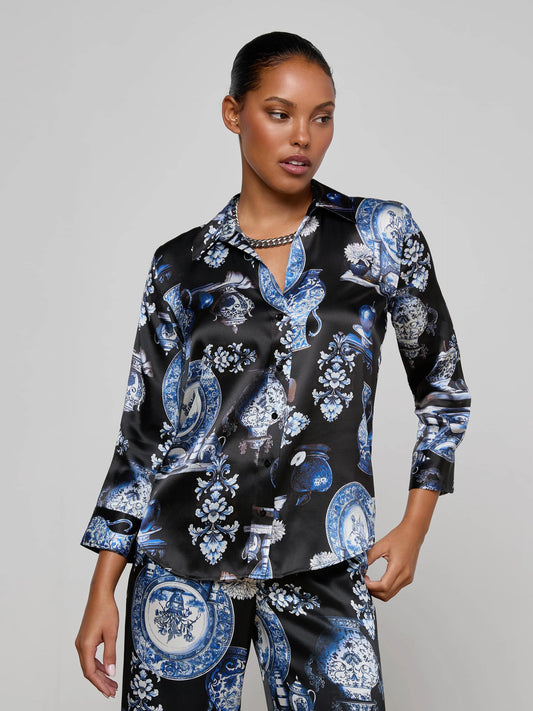 Dani Silk Blouse Black/Blue Porcelain Print - L'AGENCE