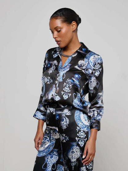 Dani Silk Blouse Black/Blue Porcelain Print - L'AGENCE